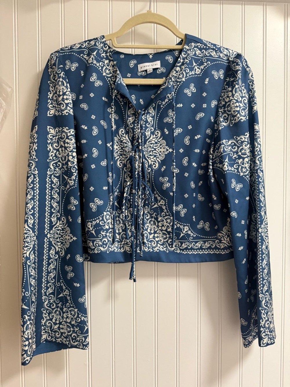 Gianni Bini Blue and White Paisley Lace-Up Button-Down Top